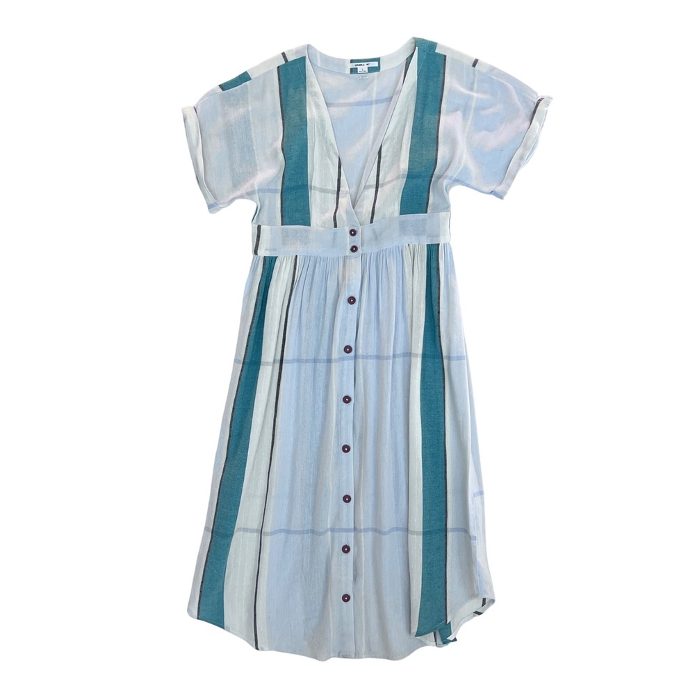 ONeill Womens Blue Teal Striped Button Front V-Neck Midi Dress Size L